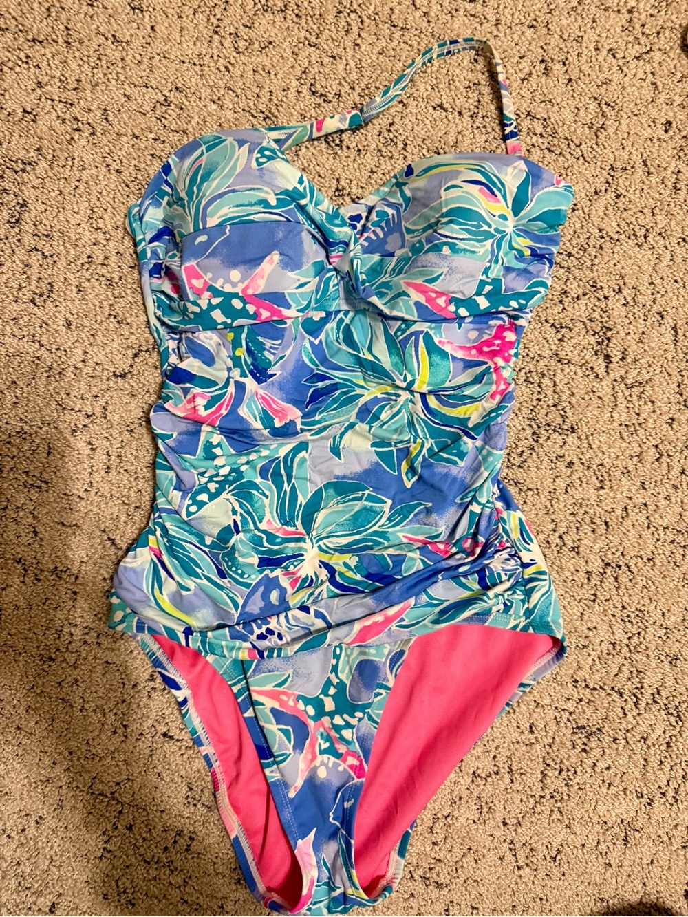 Lilly Pulitzer Blue Floral One-Piece Swimsuit with Pink Lining